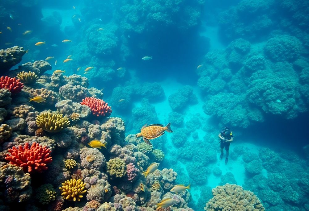 Scuba diver above bright coral on the Belize Barrier Reef