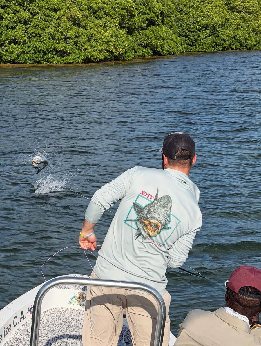 Angler fighting a fish beside a mangrove-lined Belize flat