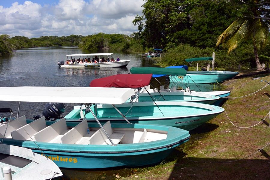 Riverboats waiting on the New River journey to Lamanai