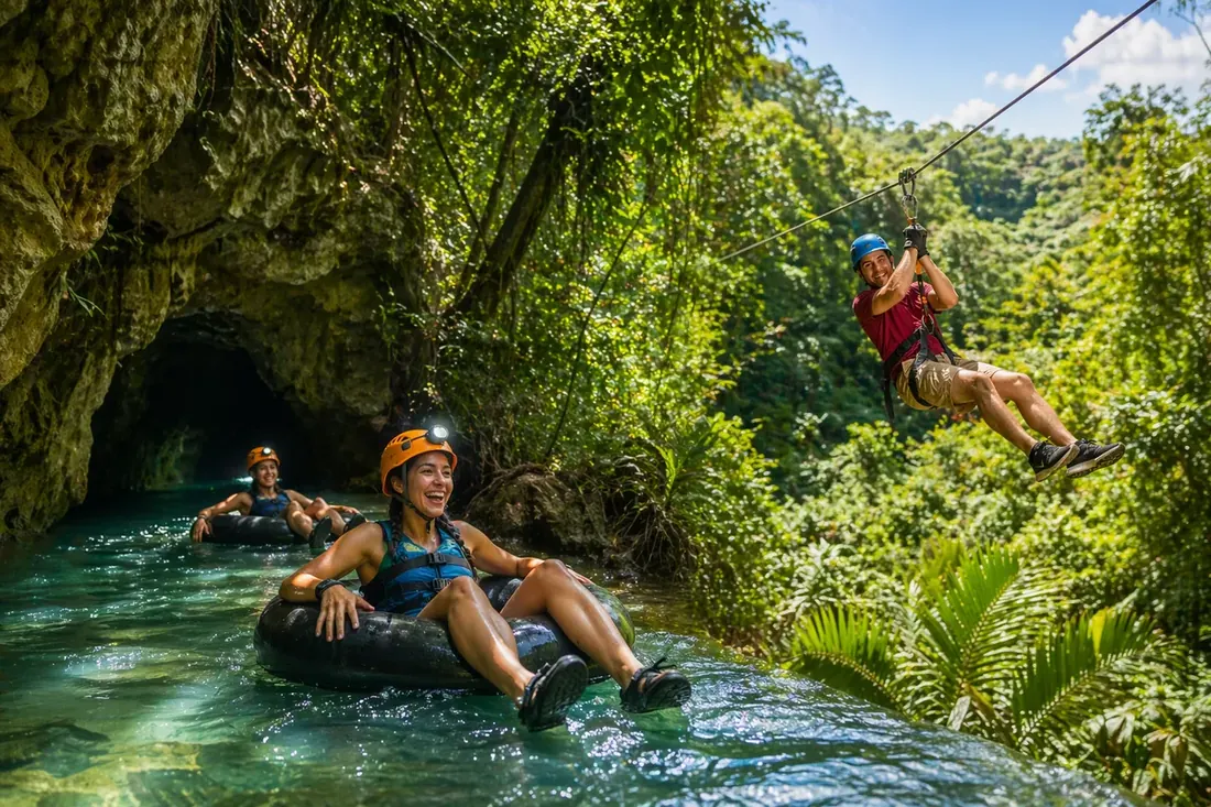 Travelers ziplining and cave tubing in Belize rainforest