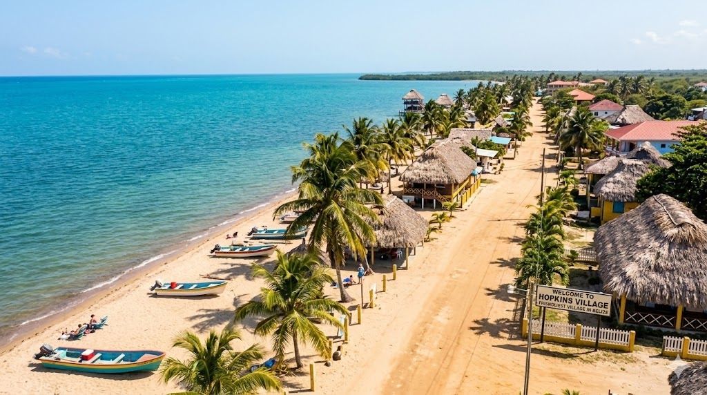 Aerial view of Hopkins Village beach — thatch-roof cabanas, fishing boats and turquoise Caribbean water along the golden sand