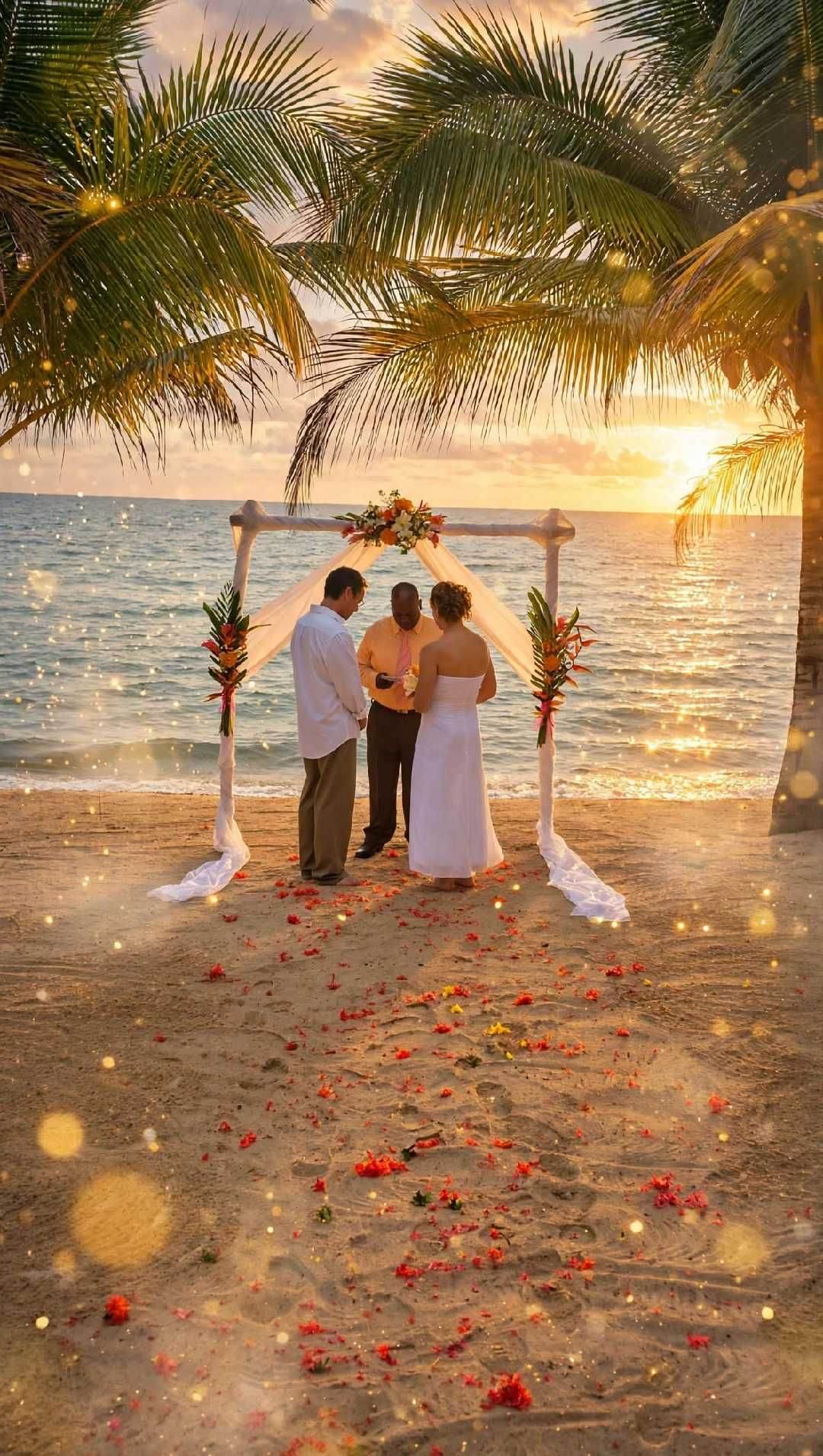 Bride and groom on the beach at sunset after their ceremony