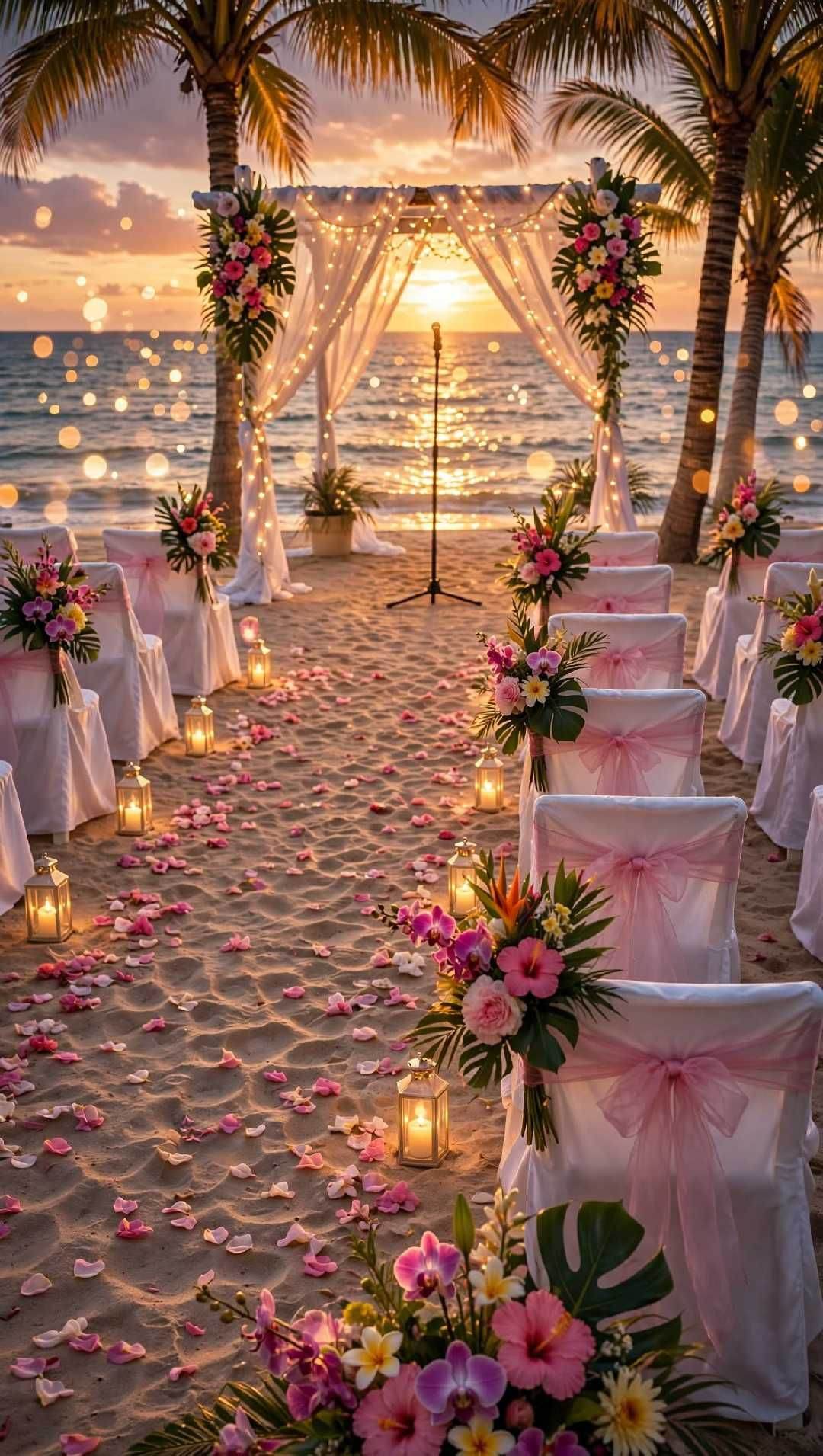 Beach wedding aisle lined with tropical flower arrangements