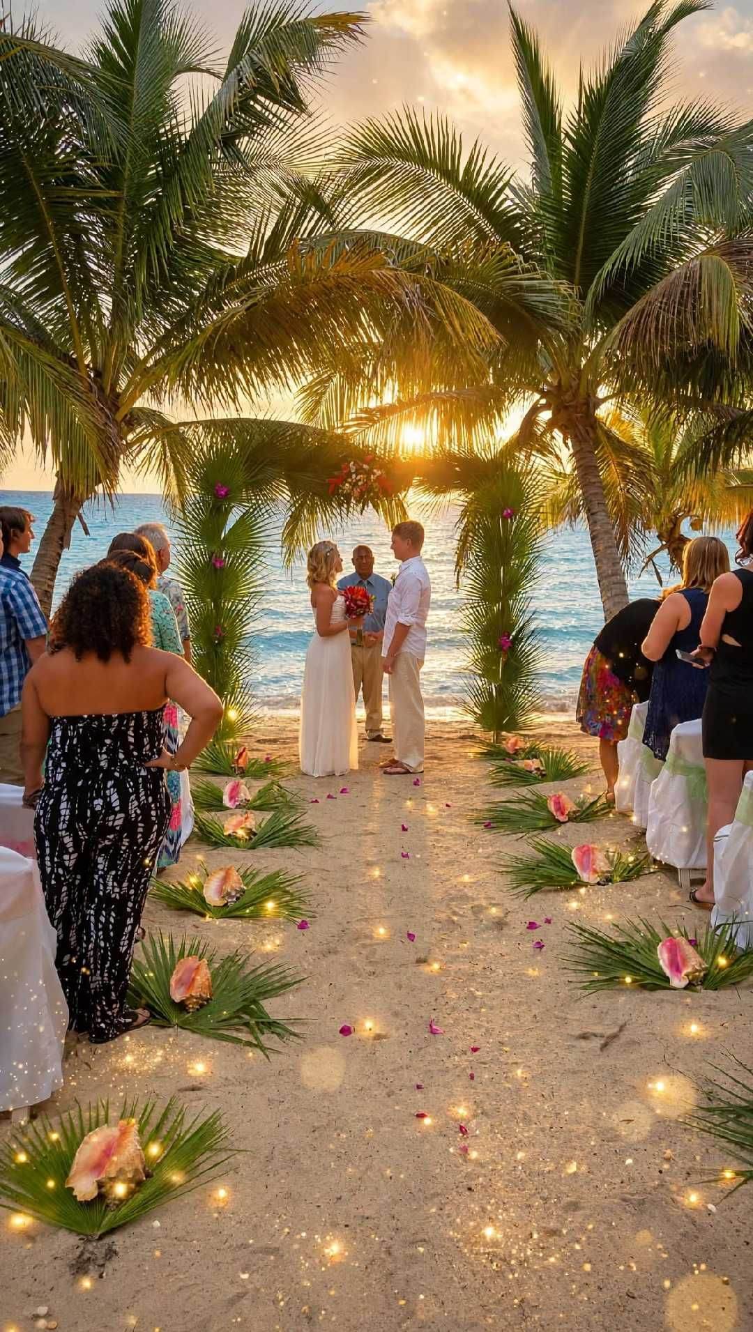 Evening beach ceremony aisle lit with fairy lights