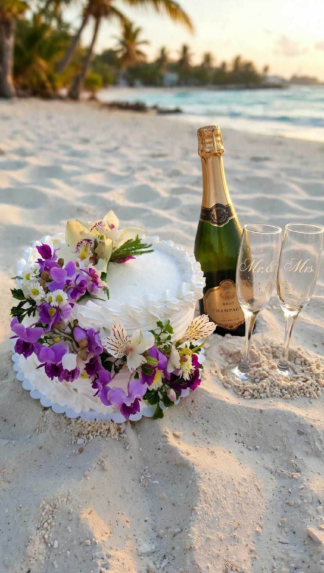 Wedding cake with orchids and a bottle of champagne on the sand