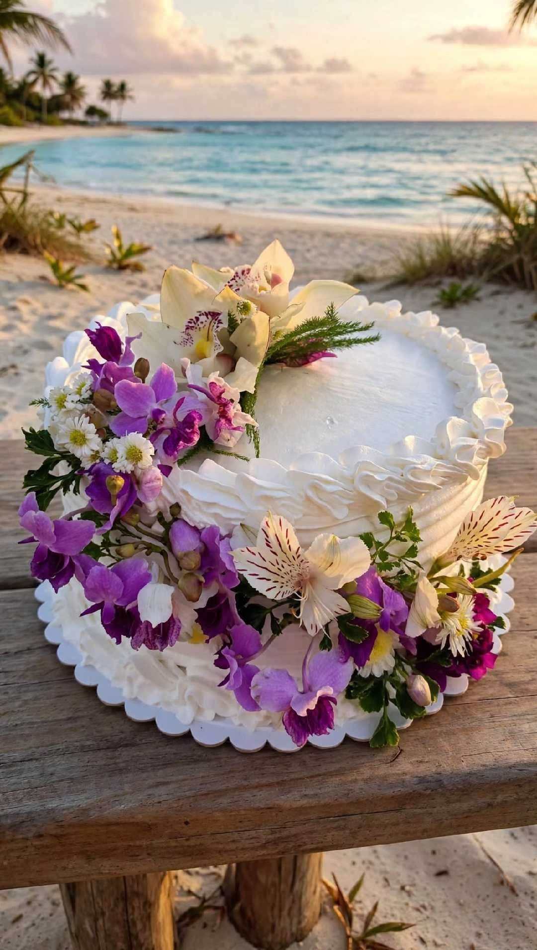 Wedding cake decorated with purple orchids beside the sea