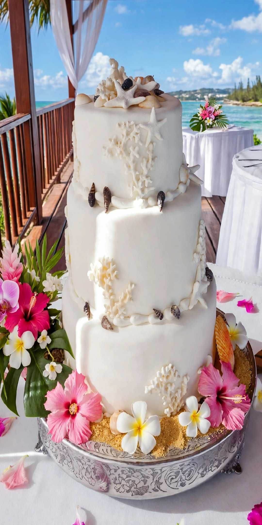 Three-tier white wedding cake decorated with seashells and flowers