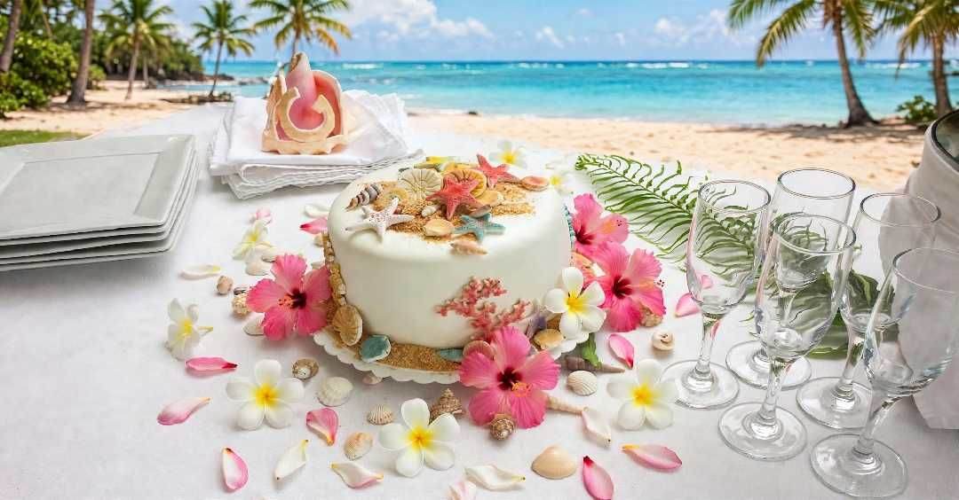 Wedding cake surrounded by flower petals on the beach
