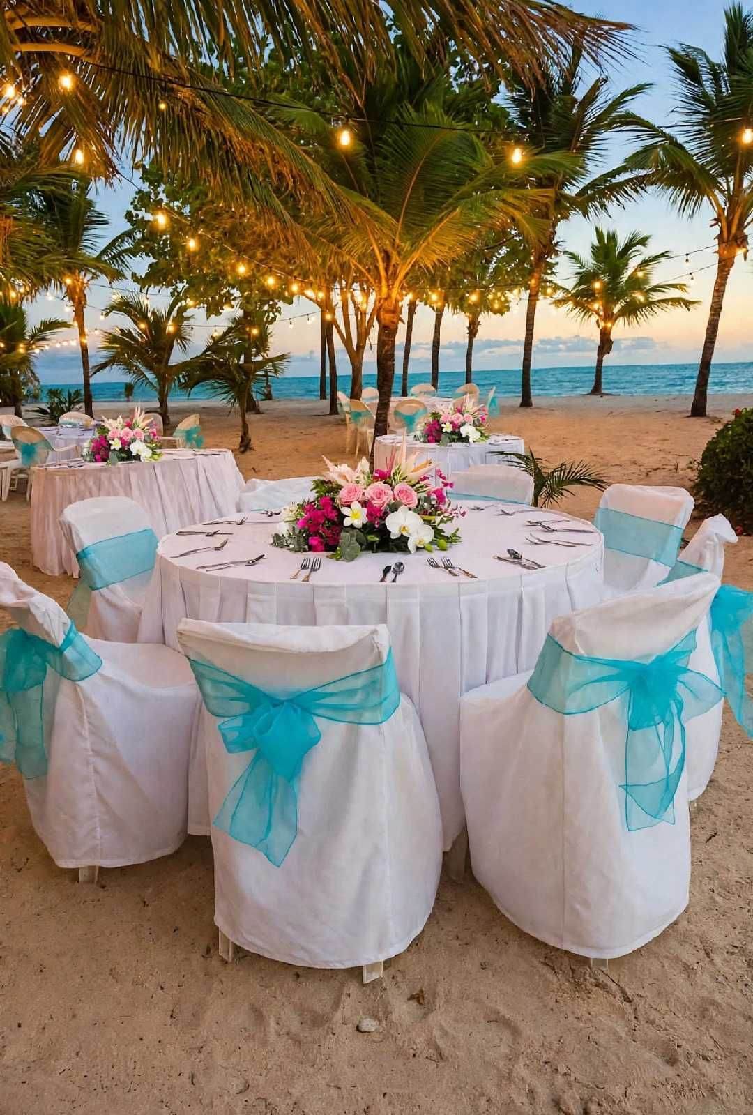 Beachfront wedding reception tables with turquoise chair sashes
