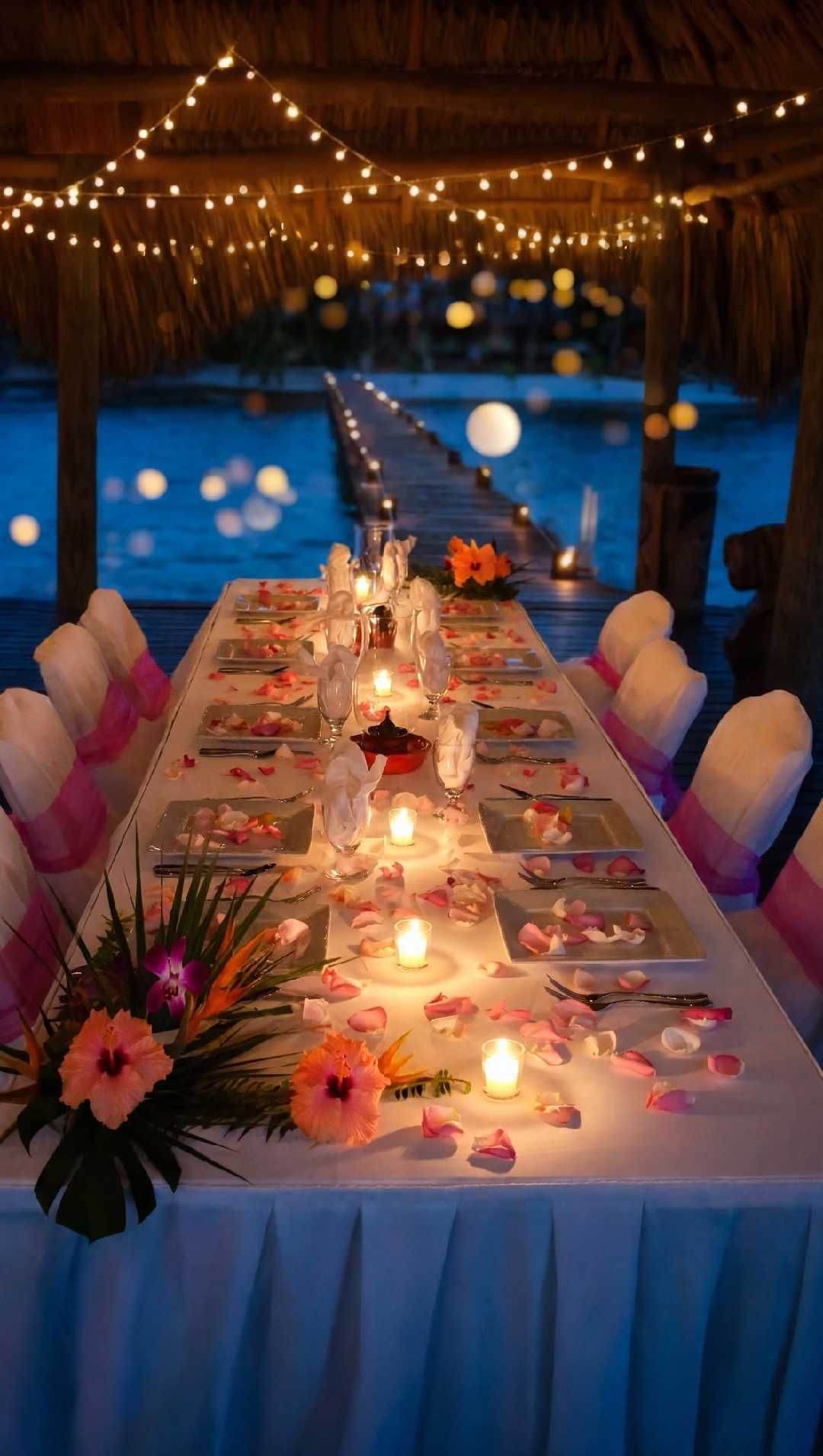 Candlelit wedding dinner table on a dock at night