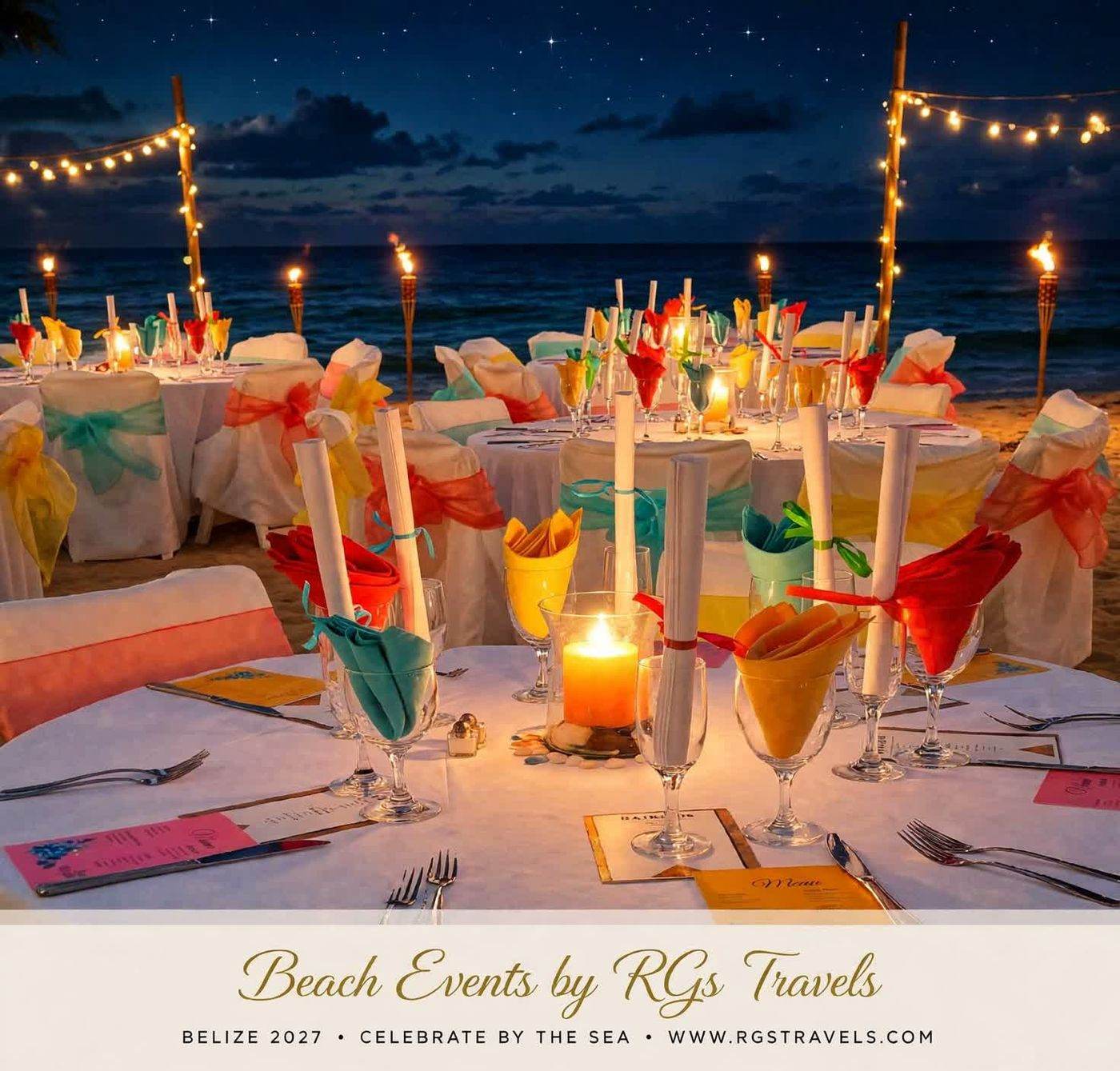 Beach banquet at night in Belize — candlelit tables with colorful napkins, tiki torches and string lights along the shore