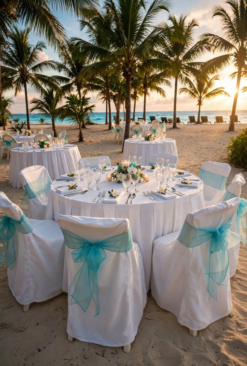 Beach wedding reception at golden hour — white-draped tables and turquoise-sashed chairs under the palms