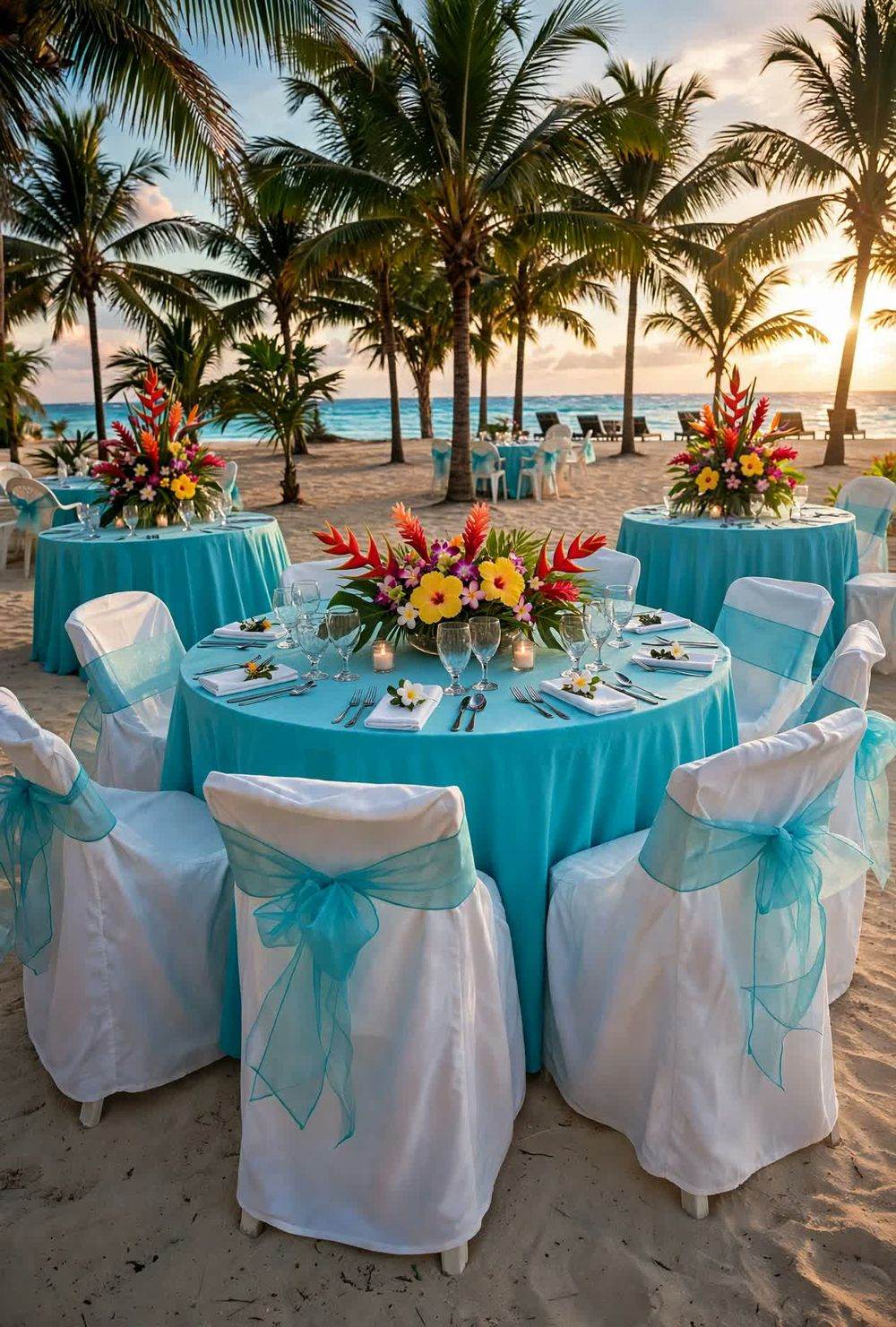 Turquoise-draped celebration tables with tropical flower centerpieces on a Belize beach at sunset
