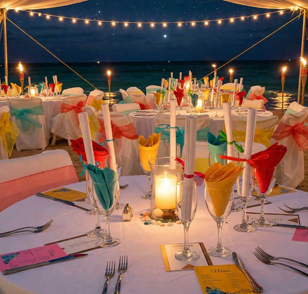Candlelit beach dinner under a canopy strung with lights, tiki torches glowing by the water