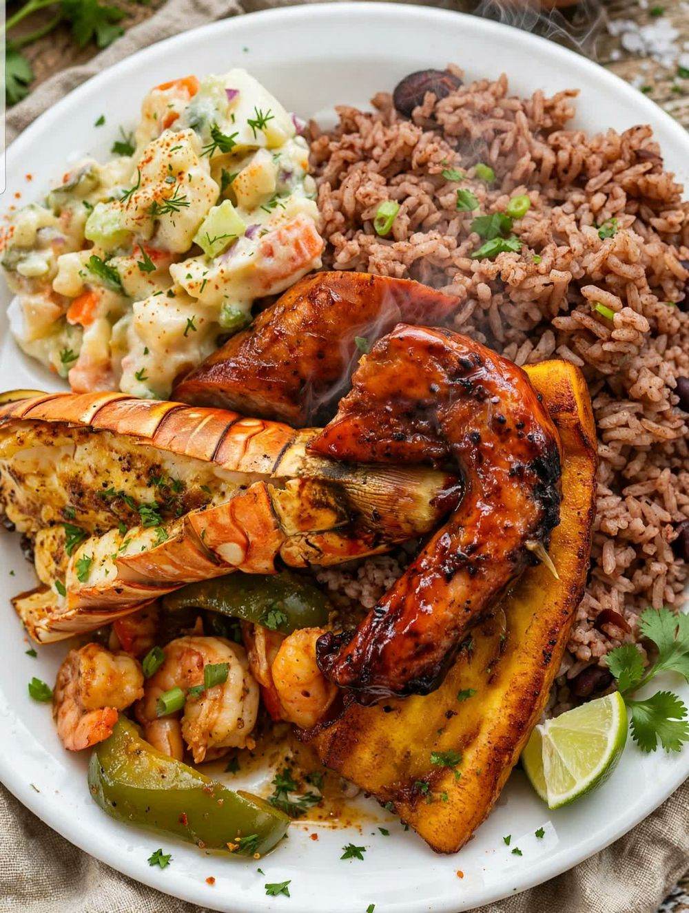 Belizean celebration plate — grilled lobster, shrimp, rice and beans, potato salad and fried plantain